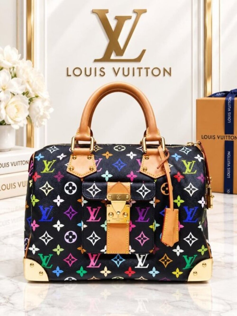Authentic Louis Vuitton Speedy 30 Multicolor Monogram Black Canvas Murakami Bag